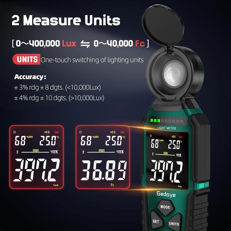 Gedaye Light Meter Lux Foot Candles Meter 0~400,000 Lux Range, Large Backlit Display, Light Meter for Plants Luxmeter Light Meter Digital Illuminance Meter Handheld - Image 4